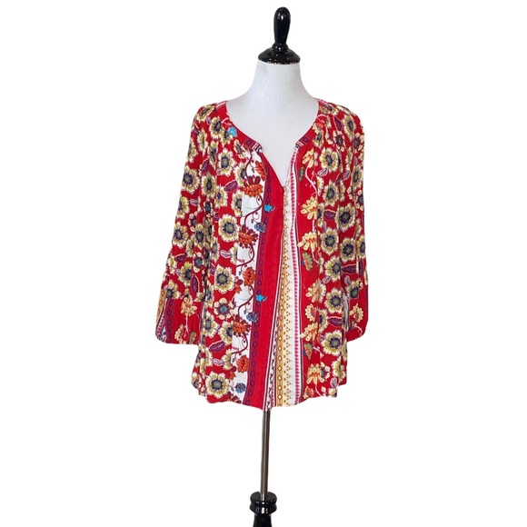 Fig & Flower Red Floral Split Neck Blouse Size XL - Picture 2 of 6